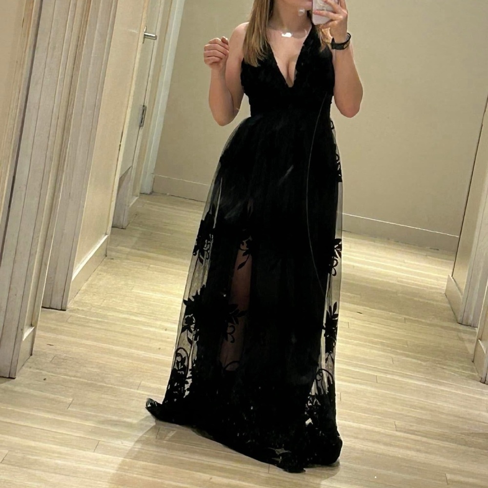 Black lace, small poofy prom dress